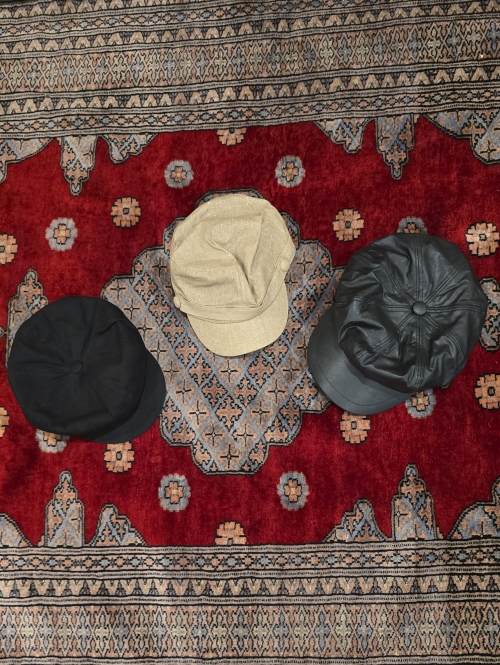 Three Casual Caps - Black, Beige, Black Faux Leather